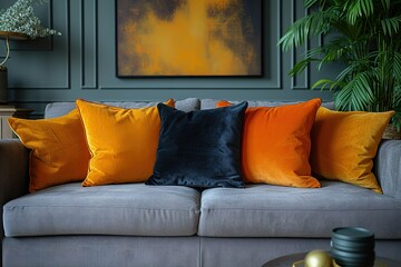 Yellow orange black and brown pillows on comfortable grey scandinavian sofa in bright living room interior with abstract paintings on the wall