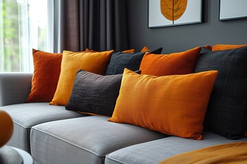 Yellow orange black and brown pillows on comfortable grey scandinavian sofa in bright living room interior with abstract paintings on the wall