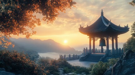 Obraz premium Temple House with a Giant Bell Ringing at Sunrise