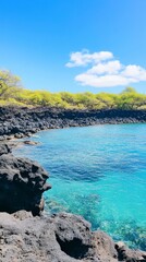 Stunning Volcanic Coastline of a Tropical Island Paradise: Turquoise Waters and Dramatic Lava Rocks