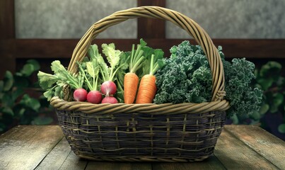 A rustic basket filled with fresh vegetables, including carrots, radishes, and kale, placed on a textured wooden table for a farm-to-table vibe
