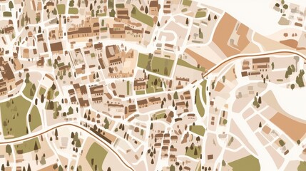 Obraz premium Detailed Artistic Map of a European Town, Beige and Brown Tones, Urban Planning Visualization