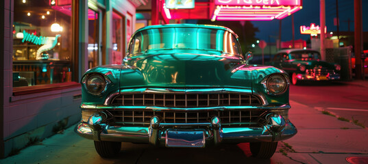 Vintage Car with Chrome Accents Reflecting Neon Lights at Retro Diner