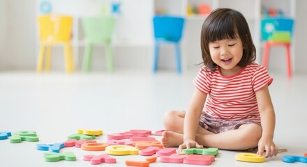 A young girl is sitting on the floor surrounded by alphabet blocks