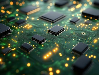 Obraz premium Close-up of a circuit board with chips and glowing connections.