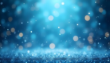 Obraz premium Un fondo azul brillante lleno de partículas brillantes y suaves luces bokeh en tonos blancos y amarillos, creando una atmósfera festiva y mágica