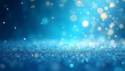 Obraz premium Un fondo azul brillante lleno de partículas brillantes y suaves luces bokeh en tonos blancos y amarillos, creando una atmósfera festiva y mágica