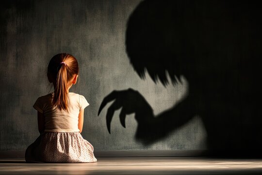 Scared girl seeing a shadow of a monster on the wall