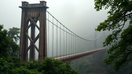 Fototapeta premium Colorful suspension bridge enveloped in mist and vibrant green foliage