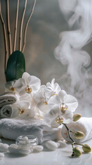 Obraz premium Close-up of white orchid flowers in a soft misty environment with elegant minimalistic decor
