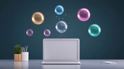 Colorful Bubbles and Laptop - Dreamy image symbolizing innovation, technology, ideas, creativity, and digital communication.  Colorful bubbles float above a laptop