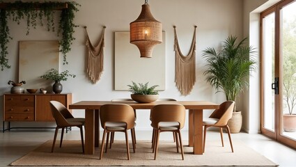 Obraz premium Іти на сторінку |Назад12345Далі A serene bohemian dining space radiates warmth with clean lines, minimalist decor, and light wood furniture featuring a honey-brown tone, paired with plush beige cushio