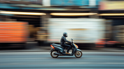 Fototapeta premium Motorcycle Rider Darting Through an Industrial District, Weaving Past Blurred Warehouses and Machinery, Capturing a Gritty Urban Atmosphere