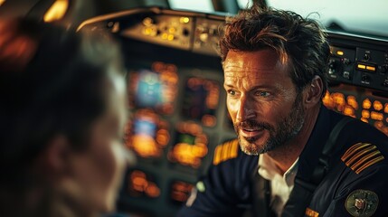 Fototapeta premium Pilot engages in conversation with a crew member in a modern aircraft cockpit