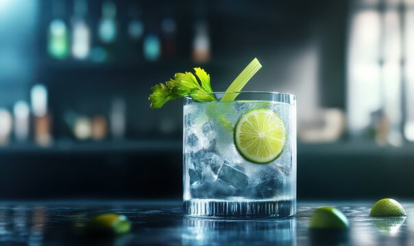 Artisan cocktail with fresh lime and celery garnish, served in a frosted glass with dramatic lighting against a dark bar setting, evoking sophistication and indulgence