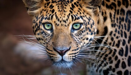 Naklejka premium Powerful and Mesmerizing A CloseUp Portrait of a Leopard, Capturing Its Unwavering Stare and Vibrant Coat, Set Against the African Savannah Backdrop.