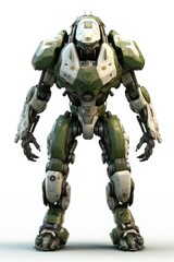 Fototapeta premium Futuristic Green Military Mech Soldier in Battle. 3D Rendering of Scratched Metal Armor Tank, Controlled by Pilot in Sci-Fi Fiction Venue