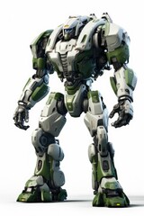 Futuristic Mech Soldier Ready for Battle in Sci-Fi Setting. Military Robot with Scratched Metal Armor and Green & Gray Colors. 3D Rendering