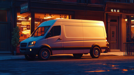 A white van is parked on a city street