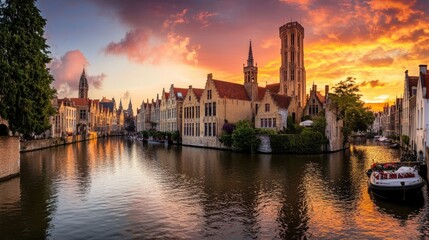 Fototapeta premium Dramatic Sunset Over Bruges: A Breathtaking Cityscape of Belgium's Mediaeval Canals and Iconic Belfry