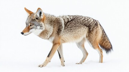 Naklejka premium Lone Coyote in Winter Snow: A Canis latrans Wandering in the Snowy Canadian Wilderness