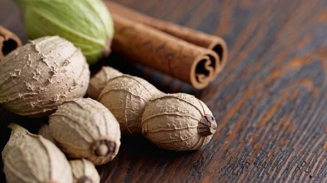 close-up showcasing an exquisite assortment of warm, aromatic spices, including whole green cardamom pods, curled cinnamon sticks, and fresh, knobby ginger root. 