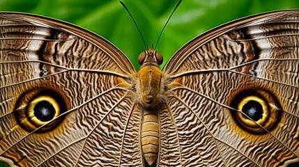 Giant Owl Butterfly - Stunning Eyespots on Wing. Macro Image of Nature's Beautiful Brown and Green Tropical Insect