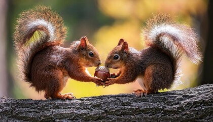 Delightful Moment Two Playful Squirrels Sharing an Acorn in a Woodland Glade, Amidst Autumn Hues and Rustic Textures, Evoking Warmth and Serenity.