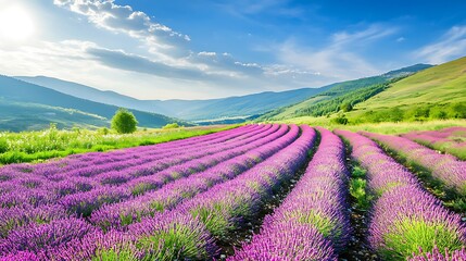 Fototapeta premium A vibrant field of lavender in full bloom under a bright blue sky, with the scent of flowers in the air