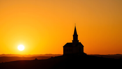 Silhouette of church at sunset against orange sky