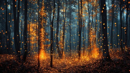 Fototapeta premium A forest with fireflies and glowing leaves