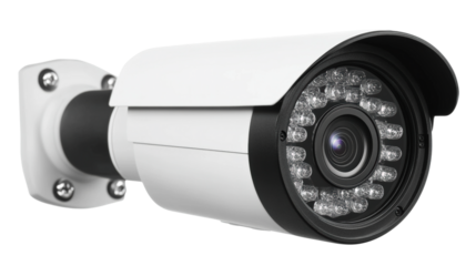 Installing surveillance cameras for urban safety monitoring isolated on transparent background