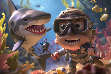 A cartoon-style shark diver character, wearing a sleek diving suit and a face mask, exploring the vibrant underwater world