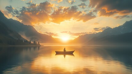 Serene fisherman on a tranquil lake at sunset in the mountains