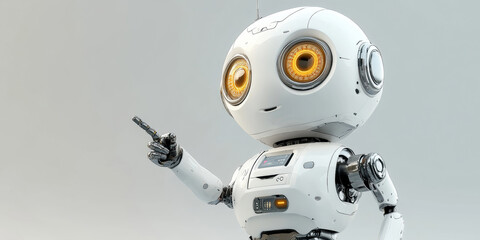 A friendly, futuristic robot pointing, perfect for technology, innovation, and education themes. Ideal for marketing, presentations, and digital content.
