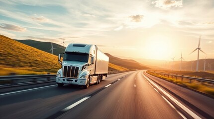 Obraz premium modern white semi-trailer truck and wind turbine