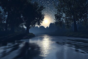 A tranquil riverside under the soft moonlight, with tall trees casting long shadows and stars above.