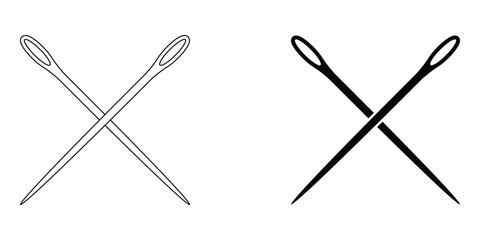 Crossed sewing needles vector icon set. Tailoring and embroidery tools. Black outline silhouette isolated on white background.