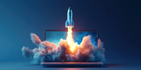 A creative digital image depicting a rocket launching from a laptop, symbolizing innovation, growth, and technological advancement in business.