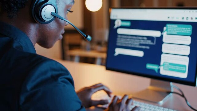 Professional african american customer service agent wearing headset, responding to online messages while working at computer during evening hours, captured in slow motion