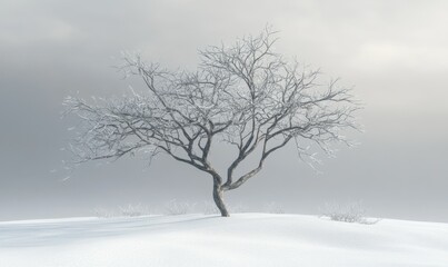 Bare winter tree silhouetted against a moody gray sky, its stark branches creating a dramatic and poetic of nature's resilience