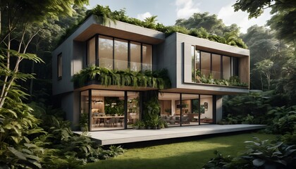 Fototapeta premium 8K eco-friendly modern house surrounded by dense forest, featuring sustainable materials and vertical gardens