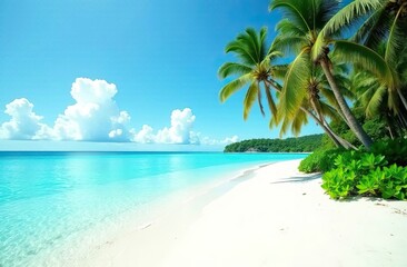 beautiful tropical beach with crystal clear turquoise water, white sand, and palm trees