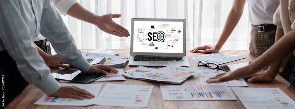 Poster SEO search engine optimization for brisk e-commerce and online retail business showing on computer screen
