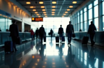 people in airport terminal watching plane take off at sunset