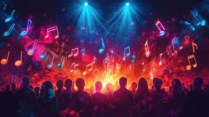 A crowd of people are watching a concert with a stage in the background