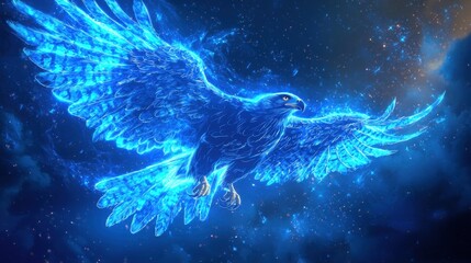 A blue bird with a glowing wing flies through the sky