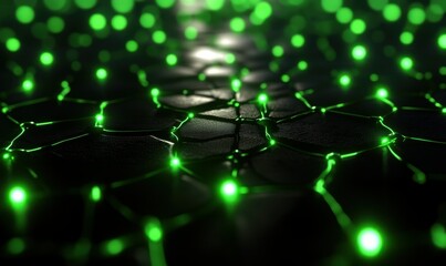 Abstract network of green digital nodes and glowing connections on a dark grid-like background, visualizing complex data systems.