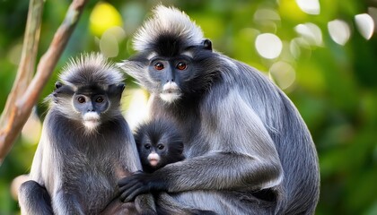 Silvery Lutung Frolicking Amongst Lush Tropical Rainforest Canopy, Displaying Playful Agility and Grace in the Dappled Sunlight