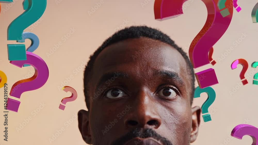 Poster Multiple images of a pensive man's face, surrounded by colorful floating question marks against a light brown background, symbolizing decision making and problem solving